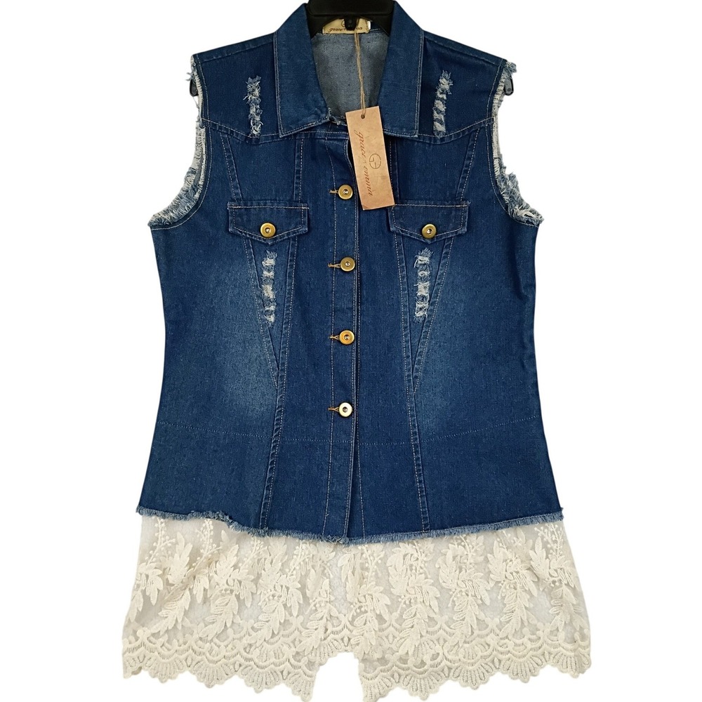 Grace & Emma‎ Denim Vest Women M/L Blue Distressed Lace Hem Long Boho Sleeveless